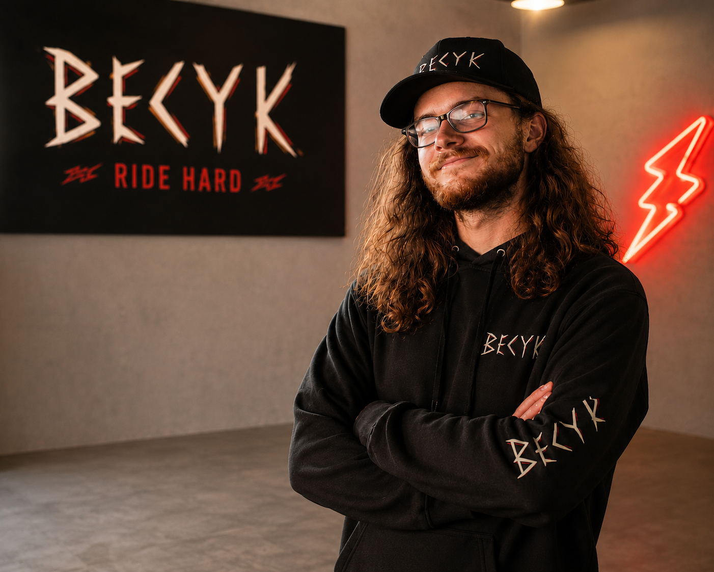 Alexis, fondateur de BECYK, devant le logo de l'atelier